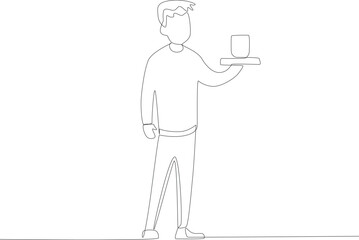 A man brings coffee to a customer's table. Coffee shop activity one line drawing