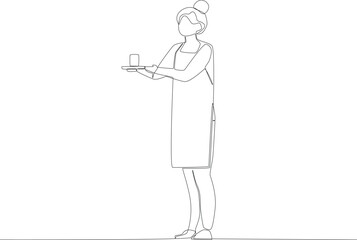 A woman delivers coffee. Coffee shop activity one line drawing