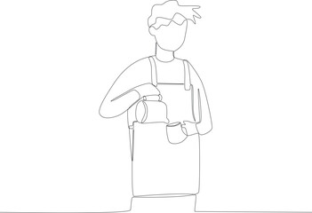 A curly-haired man poured coffee into a glass. Coffee shop activity one line drawing