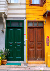 Wooden doors of historical old colorful houses in Kuzguncuk, Istanbul.