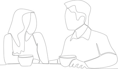 man and woman talking over coffee. Coffee shop activity one line drawing