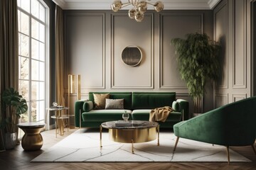 Elegant living room interior with contemporary style, furniture, gold accents, a plant, carpet, copier space, pillow, and chic personal items. Template. Generative AI