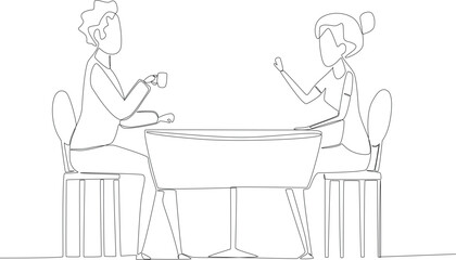 A couple drinking coffee in a cafe. Coffee shop activity one line drawing