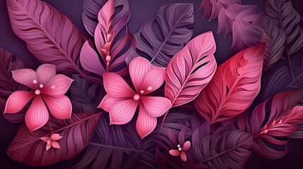 Obraz na płótnie Canvas realistic tropical pink leaves background and purple flowers design, tropical leaves