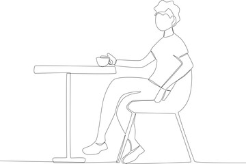 A man sitting in a cafe. Coffee shop activity one line drawing