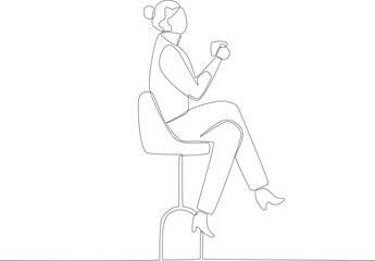 A beautiful woman is enjoying her coffee. Coffee shop activity one line drawing