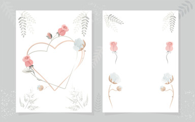 Wedding invitation card with watercolor elements: roses, cotton, twigs. Set of watercolor wedding invitation.
