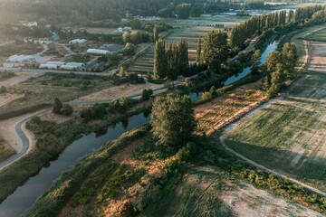 Fototapeta premium Aerial shot of a tranquil suburban landscape with a narrow stream on a sunny day
