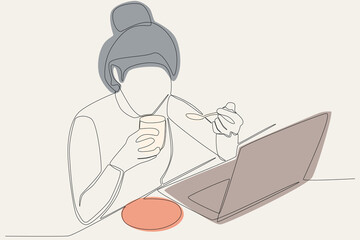 colored illustration of a woman opening a laptop and drinking coffee. Coffee shop activity one line drawing