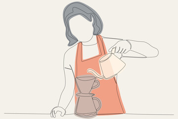 Color illustration of a woman pouring coffee. Coffee shop activity one line drawing