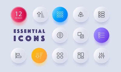 Button menu set icon. Arrows, tiles, sliders, buttons for the site and presentation, list, checkmarks, charts, circles, shapes, etc. Chart concept. Neomorphism style. Vector line icon for Business