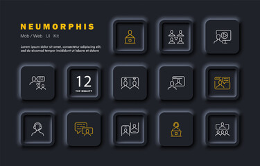 Infographic set icon. Work for a PC in the office, delegation, teamwork, team building, management, media, communication, support. Neomorphism style. Vector line icon for Business