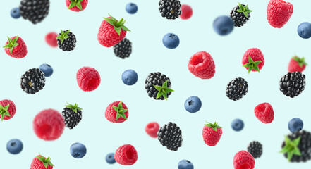 Colorful berry pattern of various fresh ripe wild berries on light blue background