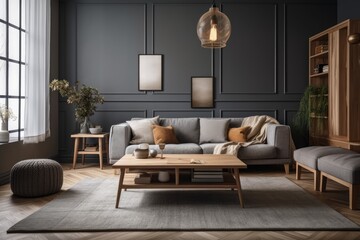 Interior of contemporary living room with wooden flooring and a grey wall. Fur rug, coffee table with vase and books, gray fabric sofa, floor light. Generative AI