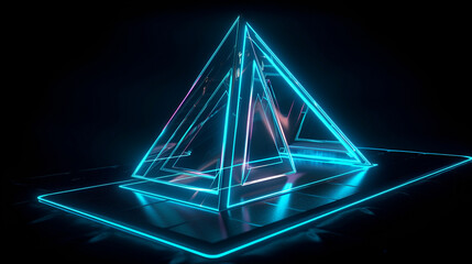 abstract geometric background with a neon triangle. Laser linear shape glowing in the dark 