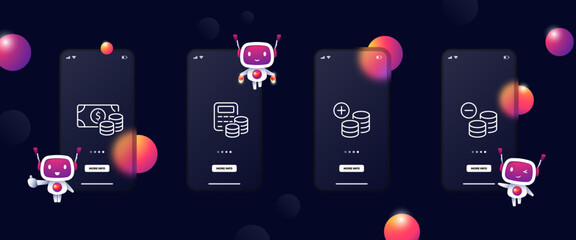 Money set icon. Pouch in hands, payment, bank, coin, transaction, dollar, income, salary, loss, expense. Business concept. Glassmorphism. UI phone app screen. Vector line icon for Business