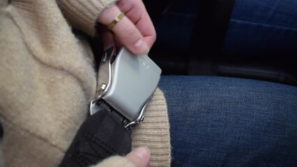 Female passenger fastening seatbelt in commercial airplane before take off. Flight safety measures for turbulence and airline transportation. The woman secures and locks the safety belt.