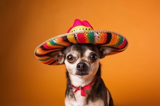 Adorable chihuahua dog wearing colorful Mexican hat over orange background. Generative AI
