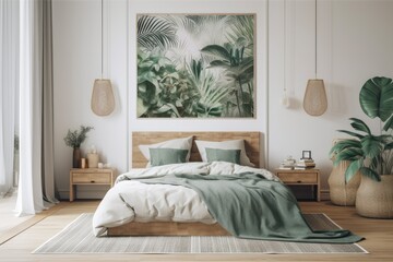 mock up of a poster featuring a tropical bedroom,. Generative AI