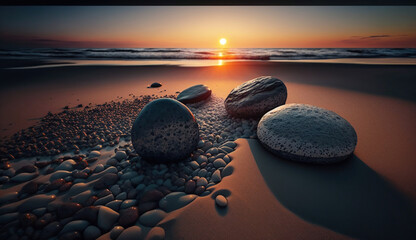 Dark stones on sand near sea at sunset. Zen concept. Generative Ai