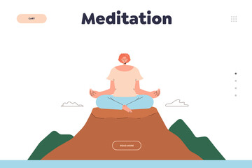 Online service for meditation landing page with young woman sitting in lotus pose on top of mount