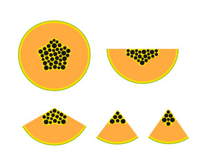 Papaya fruit. Color vector illustration of tropical fruit whole, half, slices in cartoon flat style. Isolated on white background.	