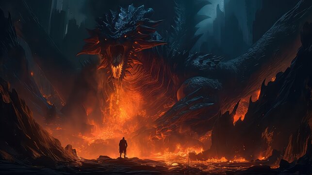 Fire breathes explode from a giant dragon in a black night. Generative Ai