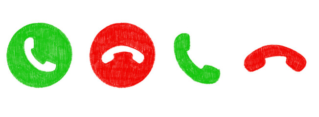Phone call icon accept and decline illustration vector set hand drawn pencil texture green and red color smart phone symbol mobile speaker phone communication transparent PNG JPEG high quality