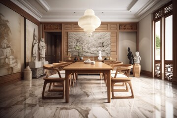 Family dining area in a realistic, opulent oriental design with traditional Chinese timber chairs and a white, contemporary marble table. Premium wall décor that is empty, a polished parquet floor