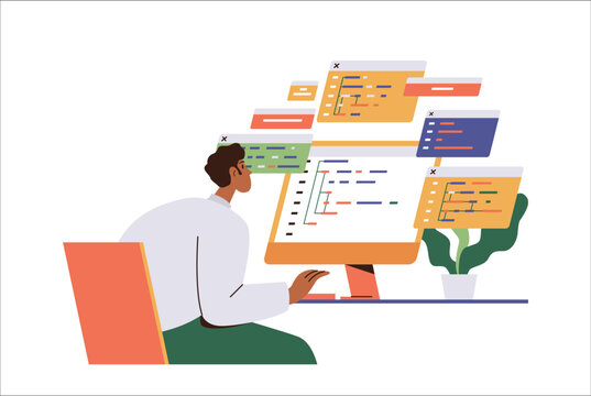 Busy man programmer freelancer writing code, male system administrator managing software database