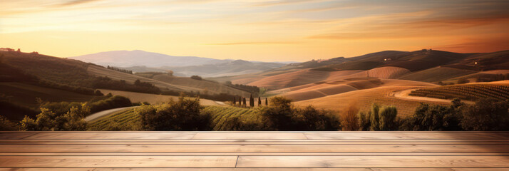 Empty wooden table top for product display with blurred french tuscany vineyard sunset background.generative AI 