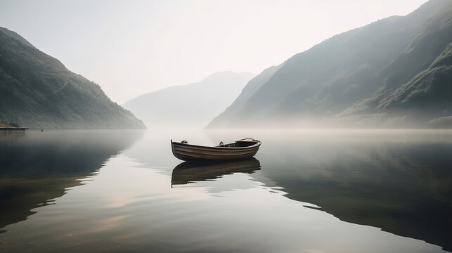 A serene lake surronded by mountain with mist rising from the water and a lone boat in the distance AI Generative