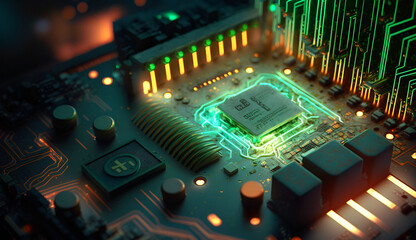 Fototapeta premium close up of a computer circuit board with neon lights