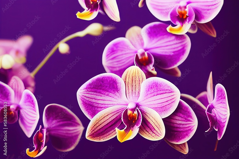 Poster Pink orchid flowers on blurred purple background., created with generative ai