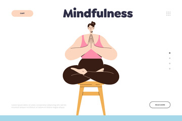 Mindfulness concept for landing page template with happy relaxed woman meditating on backless stool