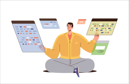 Man programmer working on virtual screen coding website or application vector illustration