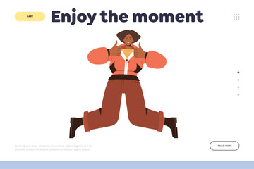 Happy young woman character jumping and rejoicing, enjoy moment landing page template