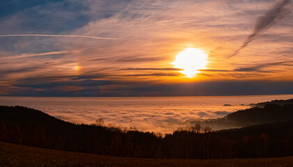 High resolution stitched sunset panorama above the clouds near Kostenz, Bavarian forest, Bavaria, Germany