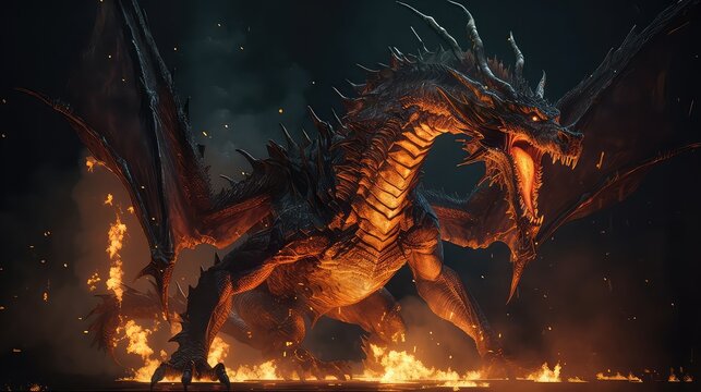 Fire breathes explode from a giant dragon in a black night. Generative Ai