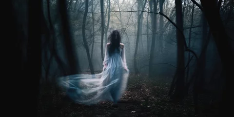 Fotobehang Ghostly silhouette of a faceless female ghost entity, paranormal haunting woodlands apparition wearing a white translucent robe, spirit of the forest, motion blurred - generative AI © SoulMyst