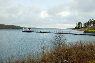 Kielder Northumberland: Jan 2023: Kielder Ferry (The Osprey) docked at pier on a winter morning