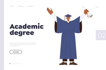 Academic degree landing page design template with happy male student graduating from university