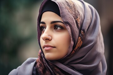 Naklejka premium A very beautiful young woman with a hijab covering her head. Generative AI