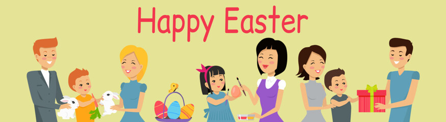 Easter poster and banner with Easter eggs. Family holidays. Greetings presents for Easter Day with traditional attributes. Spring holiday. Design greeting card and invitation of Happy Easter day