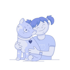 A girl hugs a cat, love for animals, pets. Vector graphics