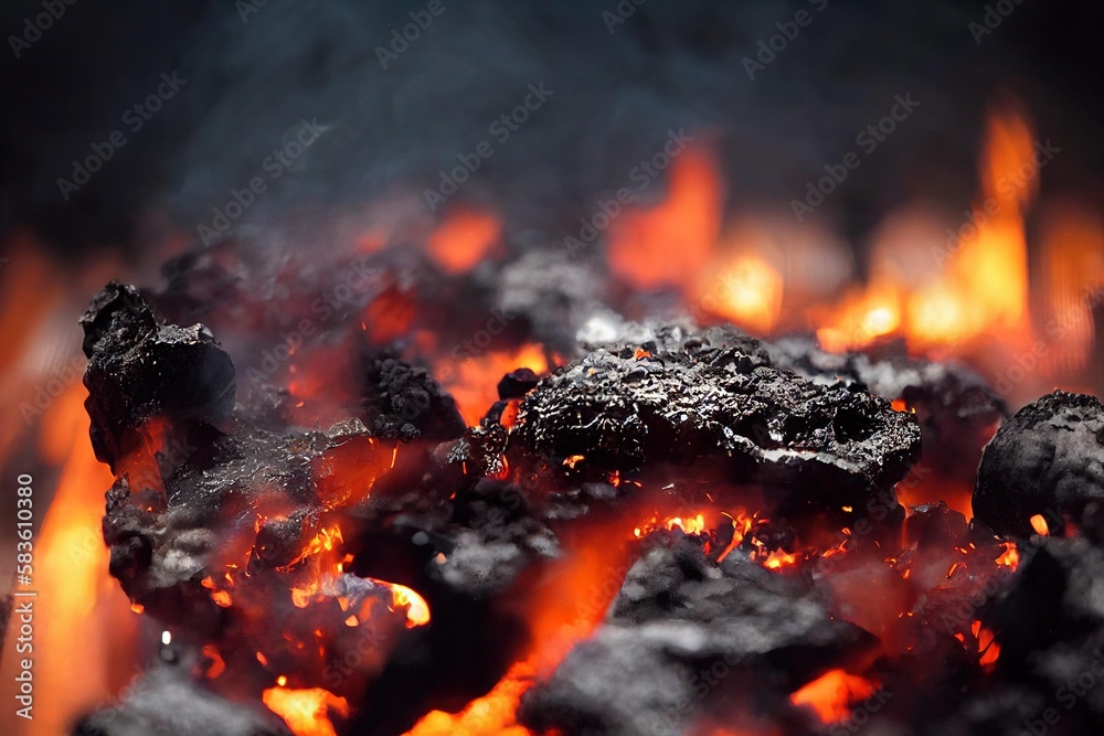 Wall mural closeup of the smoldering cloals in the fire., created with generative ai
