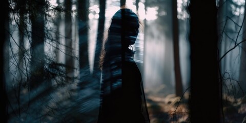 Ghostly silhouette of a faceless female ghost entity, paranormal haunting woodlands apparition wearing a white translucent robe, spirit of the forest, motion blurred - generative AI - obrazy, fototapety, plakaty