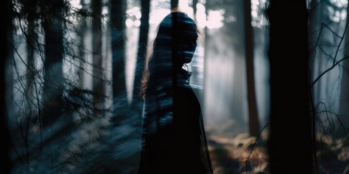 Ghostly silhouette of a faceless female ghost entity, paranormal haunting woodlands apparition wearing a white translucent robe, spirit of the forest, motion blurred - generative AI