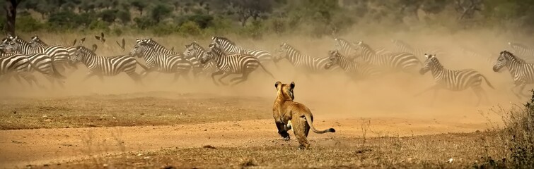 Plakat Lion running with other zebras in the distance