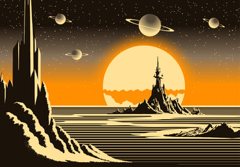 Landscape with mountains and sci-fi castle on far planet. Retro futuristic sunrise in 80s atomic era style. - obrazy, fototapety, plakaty